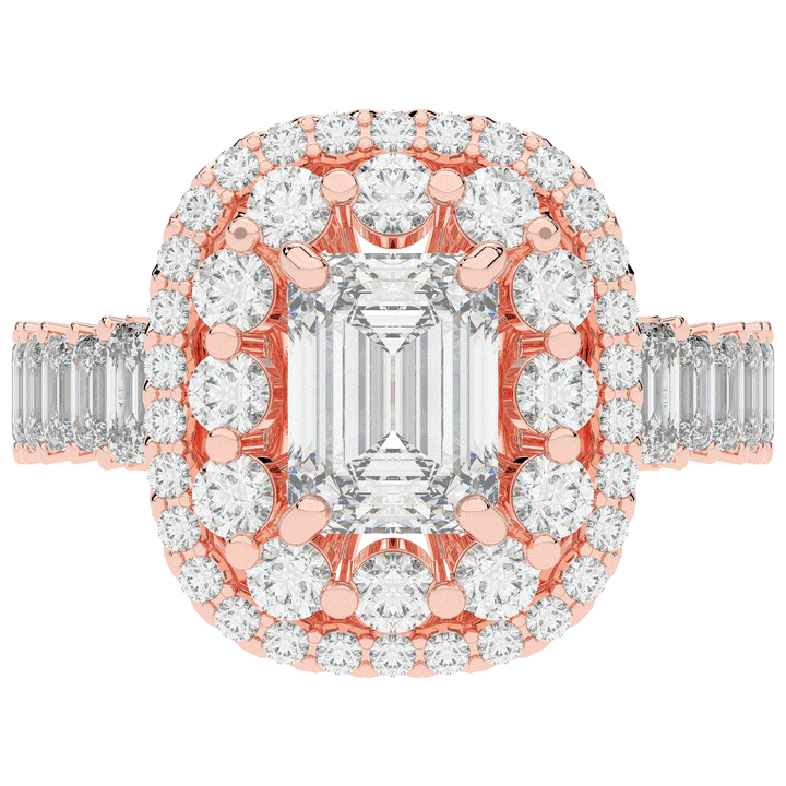 4.70CT.TW EMERALD CUT LAB DIAMOND DOUBLE HALO TWO TONE ENGAGEMENT RING - Nazarelle