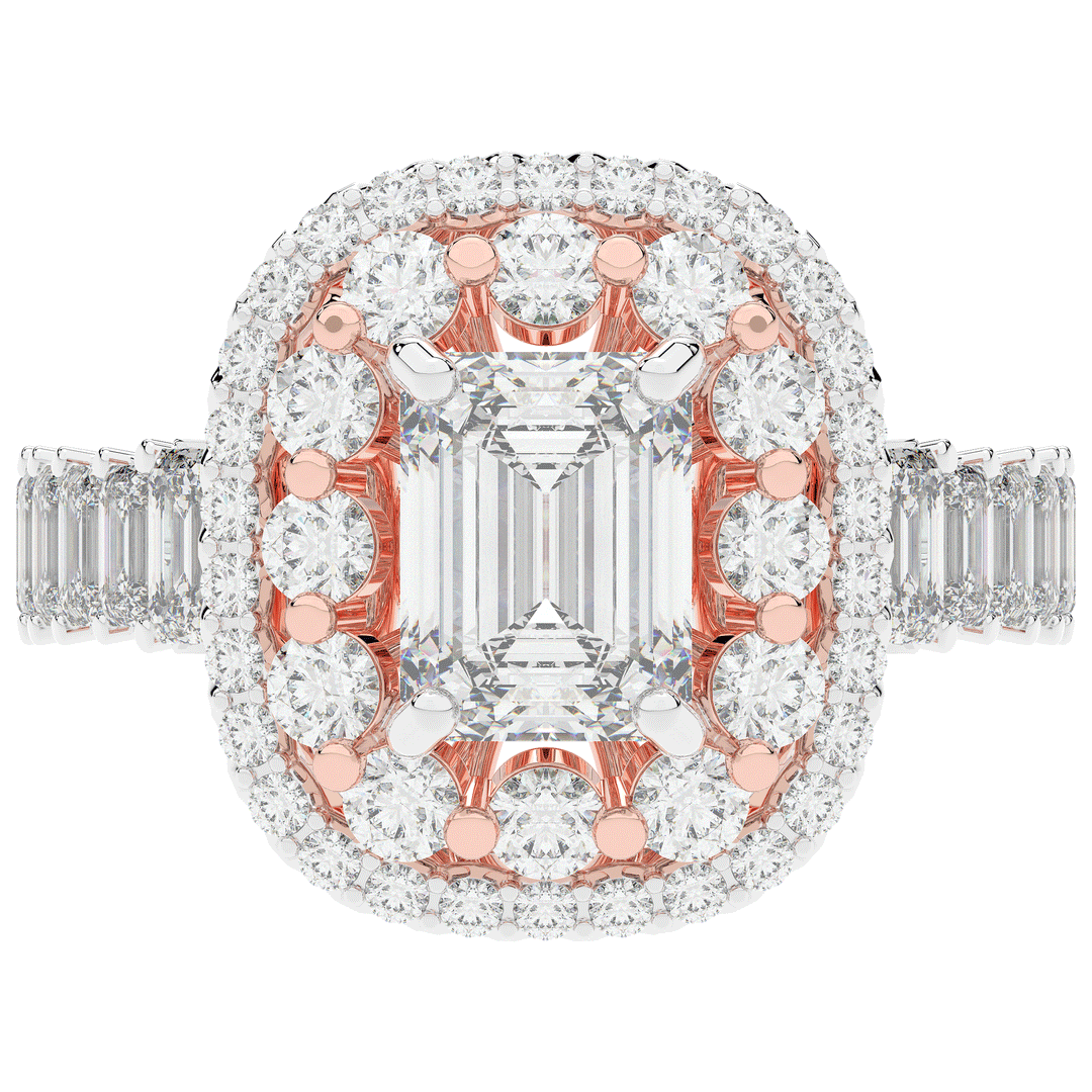 4.70CT.TW EMERALD CUT LAB DIAMOND DOUBLE HALO TWO TONE ENGAGEMENT RING - Nazarelle