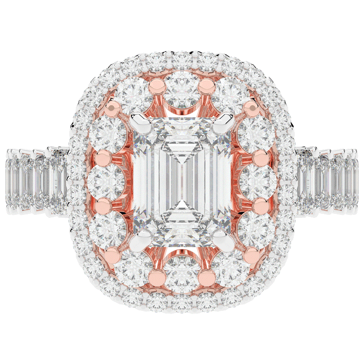 4.70CT.TW EMERALD CUT LAB DIAMOND DOUBLE HALO TWO TONE ENGAGEMENT RING - Nazarelle