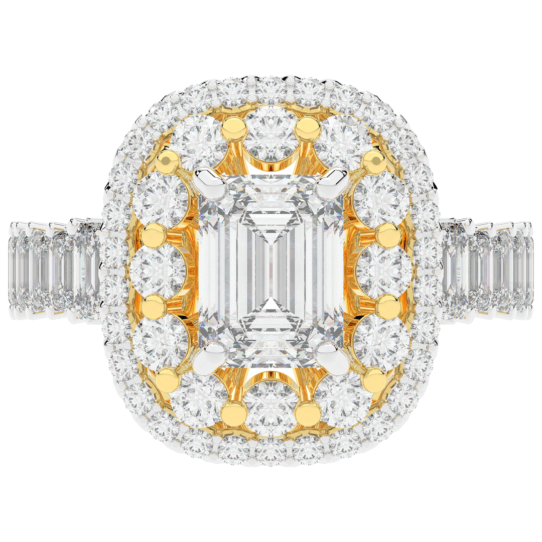 4.70CT.TW EMERALD CUT LAB DIAMOND DOUBLE HALO TWO TONE ENGAGEMENT RING - Nazarelle
