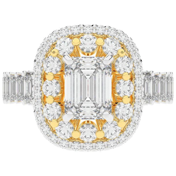 4.70CT.TW EMERALD CUT LAB DIAMOND DOUBLE HALO TWO TONE ENGAGEMENT RING - Nazarelle