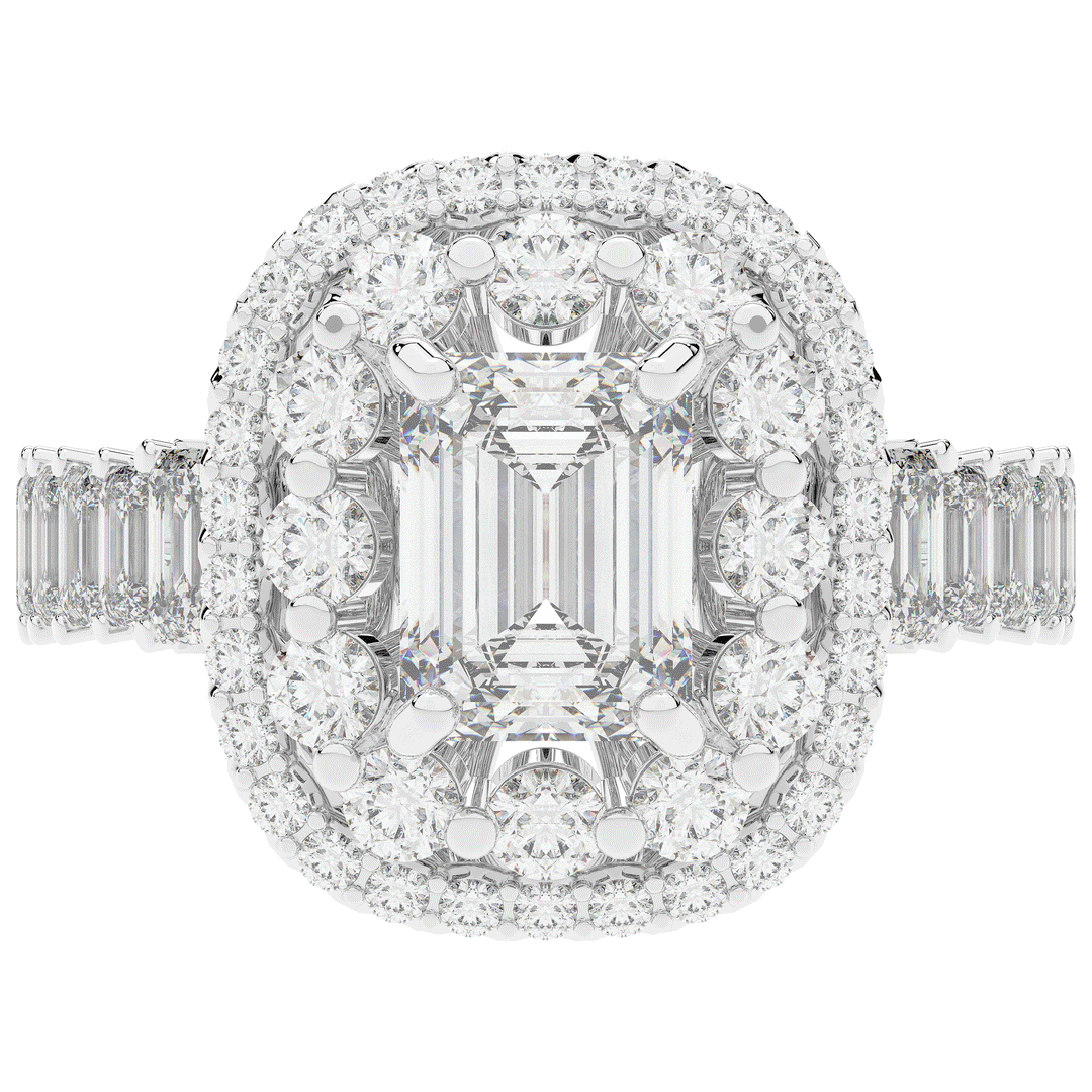 4.70CT.TW EMERALD CUT LAB DIAMOND DOUBLE HALO TWO TONE ENGAGEMENT RING - Nazarelle