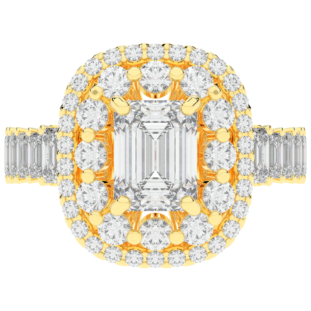 4.70CT.TW EMERALD CUT LAB DIAMOND DOUBLE HALO TWO TONE ENGAGEMENT RING - Nazarelle