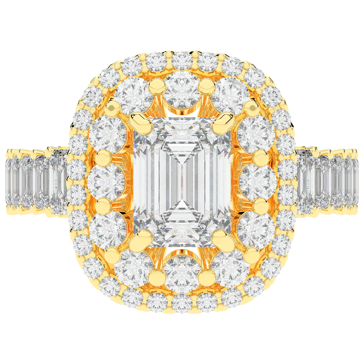 4.70CT.TW EMERALD CUT LAB DIAMOND DOUBLE HALO TWO TONE ENGAGEMENT RING - Nazarelle