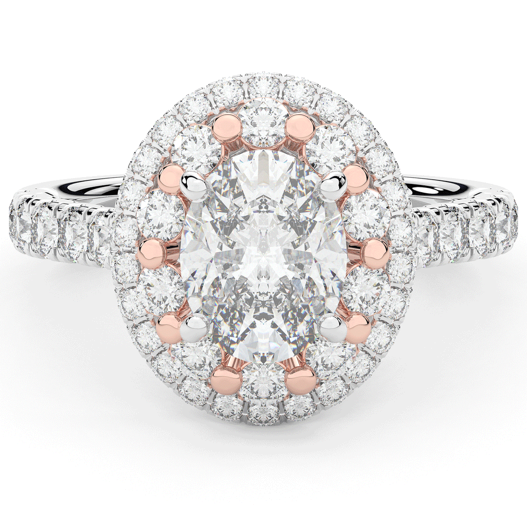3.30CT.TW OVAL LAB DIAMOND DOUBLE HALO TWO TONE ENGAGEMENT RING - Nazarelle