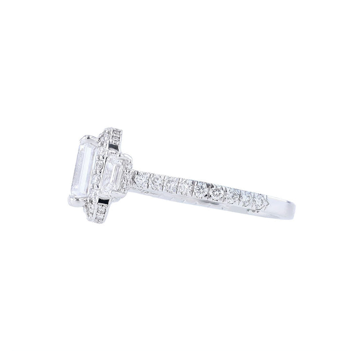 18K White Three Stone Emerald Halo Engagement Ring