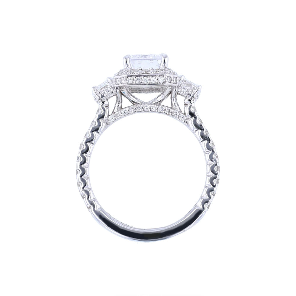 18K White Three Stone Emerald Halo Engagement Ring