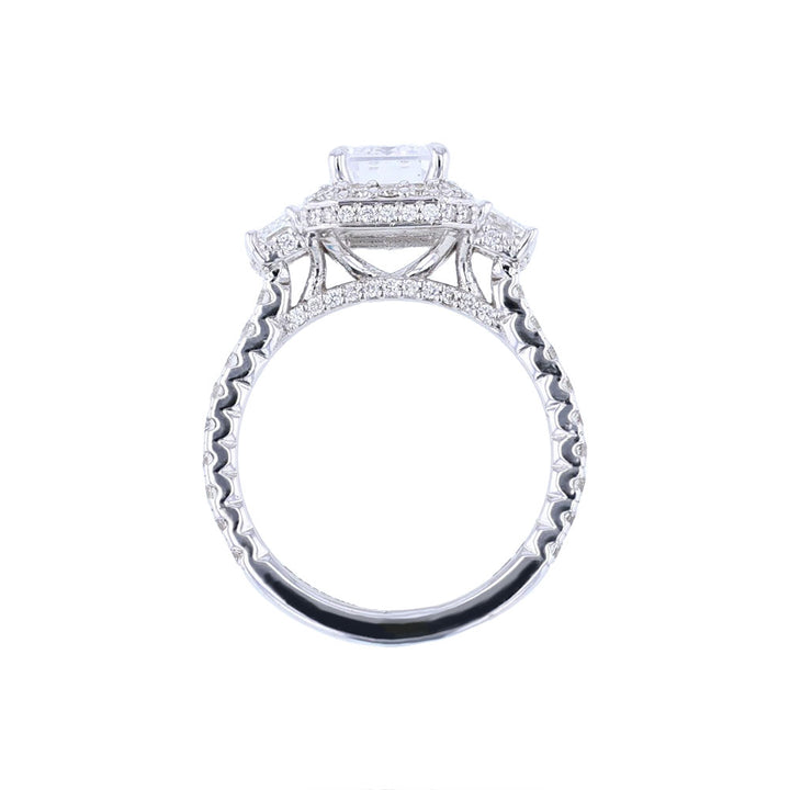 18K White Three Stone Emerald Halo Engagement Ring