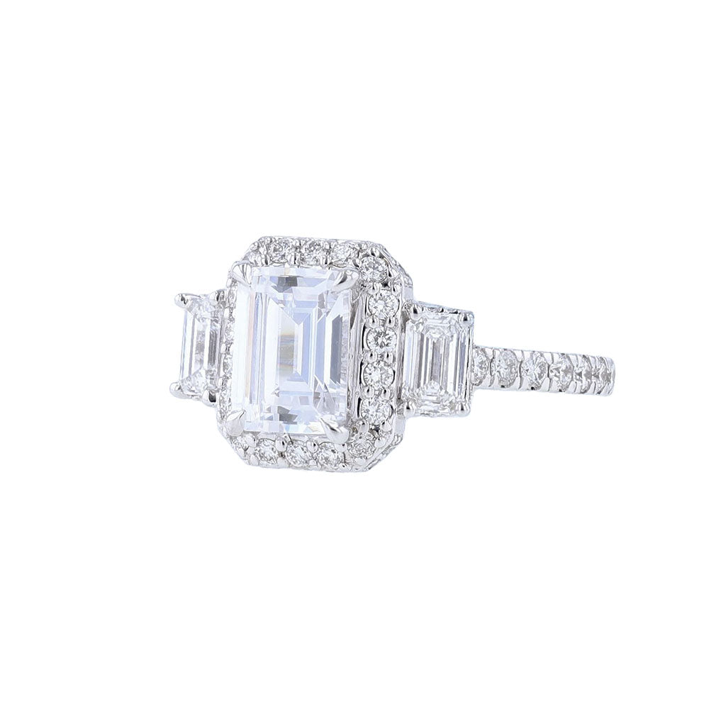 18K White Three Stone Emerald Halo Engagement Ring