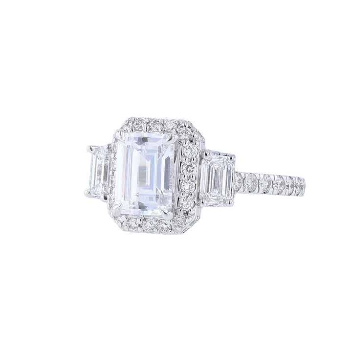 18K White Three Stone Emerald Halo Engagement Ring