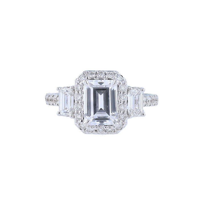 18K White Three Stone Emerald Halo Engagement Ring