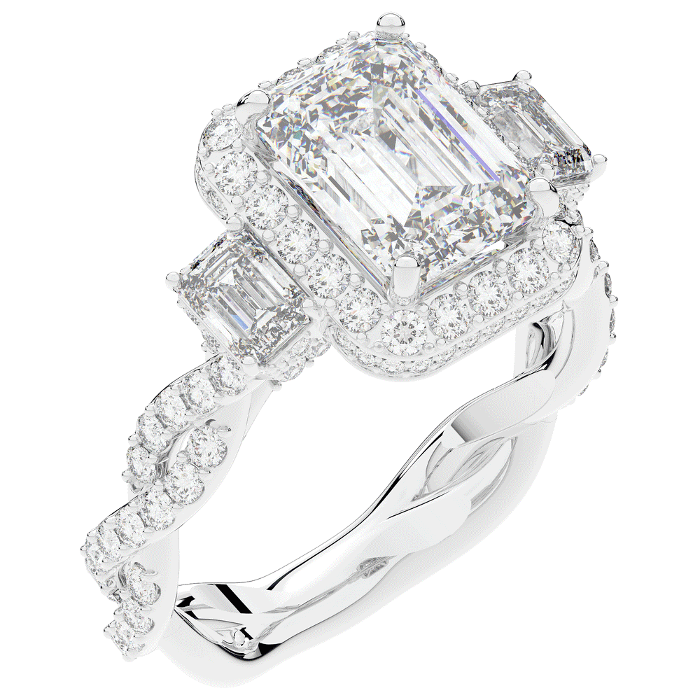 4.70CT.TW EMERALD CUT LAB DIAMOND 3 STONE ENGAGEMENT RING - Nazarelle