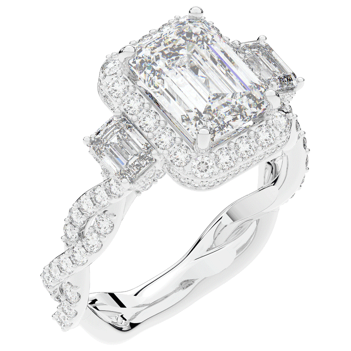 4.70CT.TW EMERALD CUT LAB DIAMOND 3 STONE ENGAGEMENT RING - Nazarelle