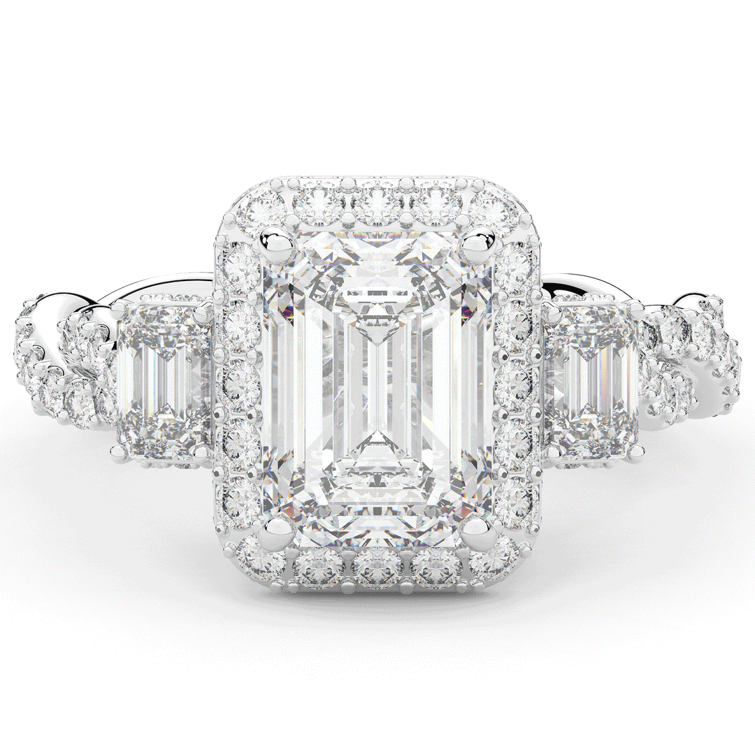 4.70CT.TW EMERALD CUT LAB DIAMOND 3 STONE ENGAGEMENT RING - Nazarelle