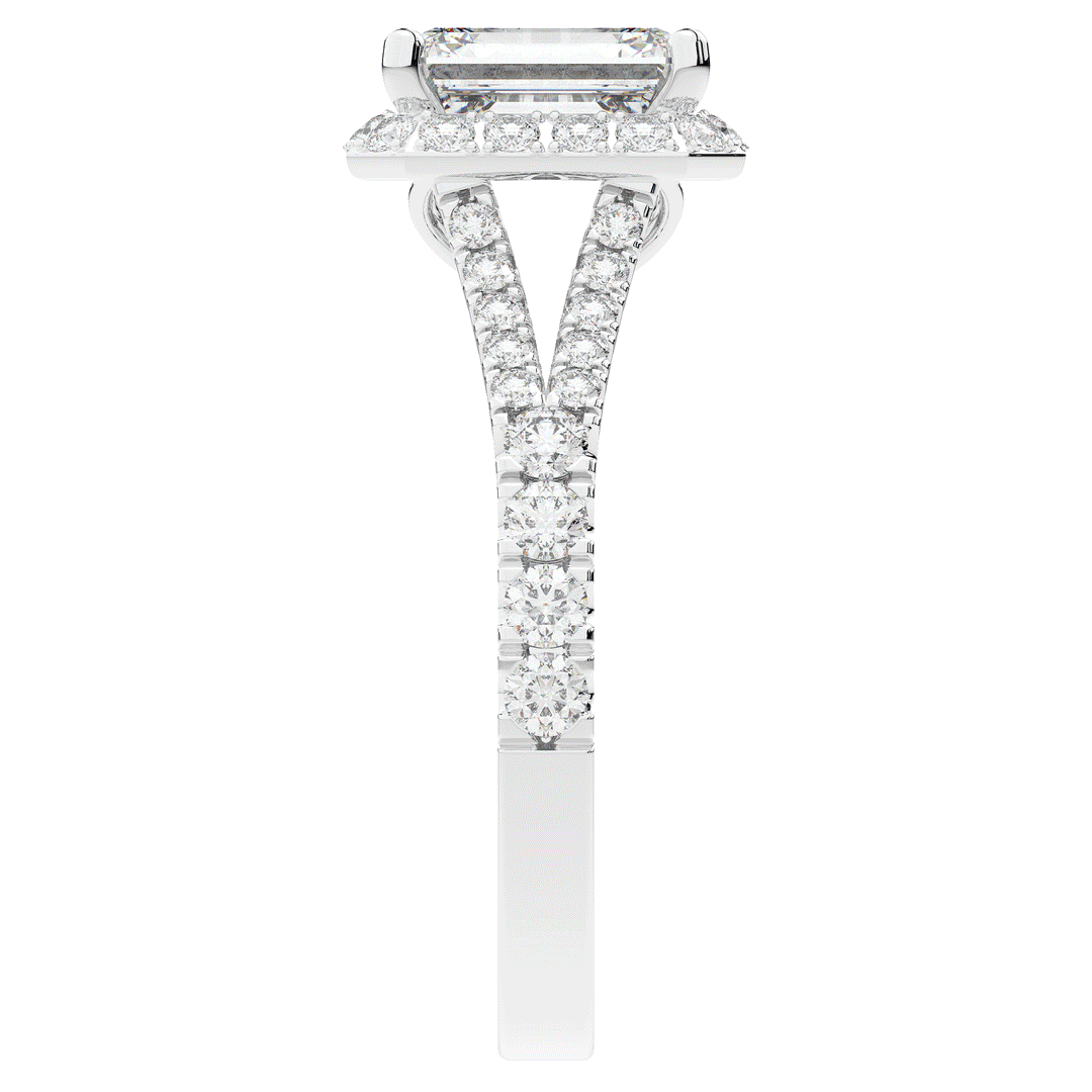2.60CT.TW EMERALD CUT LAB DIAMOND SPLIT SHANK HALO ENGAGEMENT RING - Nazarelle