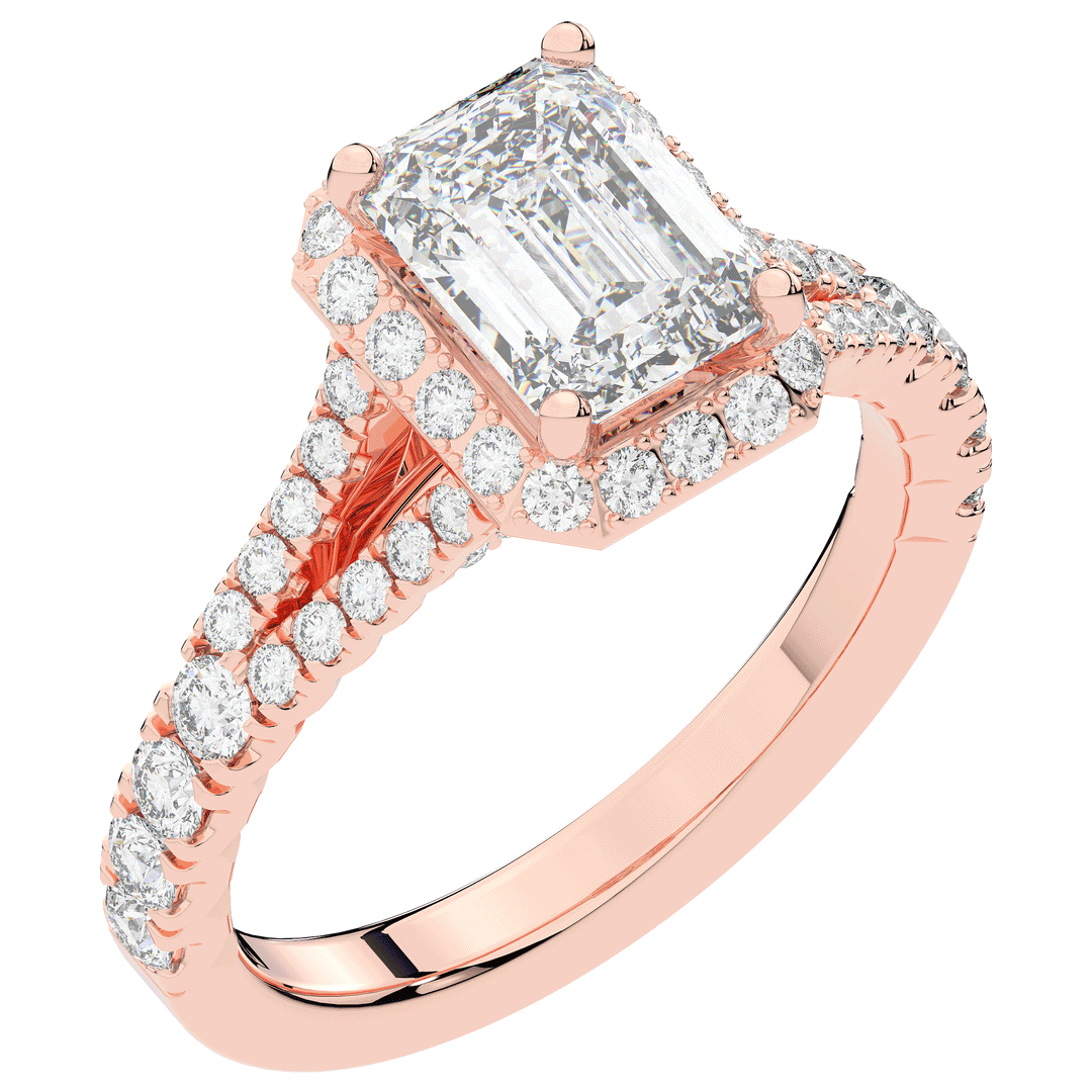 2.60CT.TW EMERALD CUT LAB DIAMOND SPLIT SHANK HALO ENGAGEMENT RING - Nazarelle