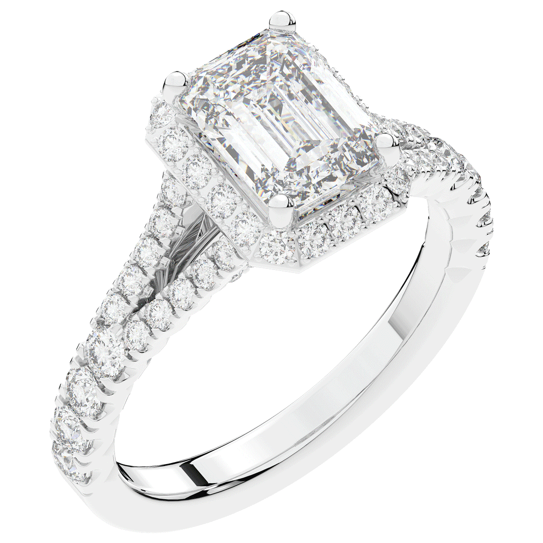 2.60CT.TW EMERALD CUT LAB DIAMOND SPLIT SHANK HALO ENGAGEMENT RING - Nazarelle