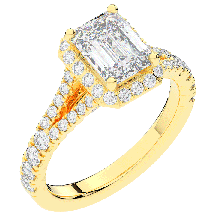 2.60CT.TW EMERALD CUT LAB DIAMOND SPLIT SHANK HALO ENGAGEMENT RING - Nazarelle