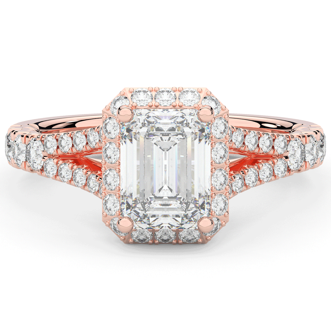 2.60CT.TW EMERALD CUT LAB DIAMOND SPLIT SHANK HALO ENGAGEMENT RING - Nazarelle