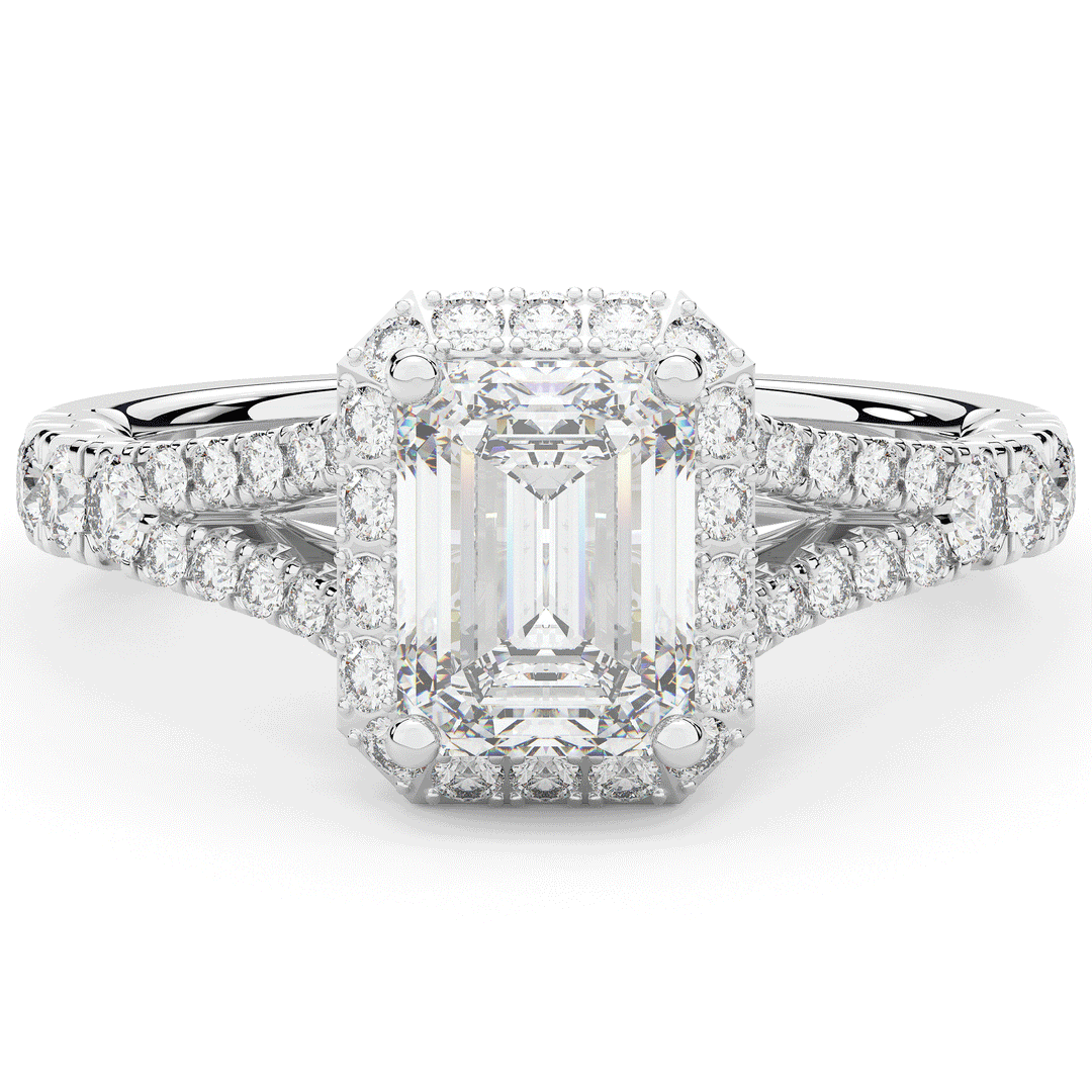 2.60CT.TW EMERALD CUT LAB DIAMOND SPLIT SHANK HALO ENGAGEMENT RING - Nazarelle