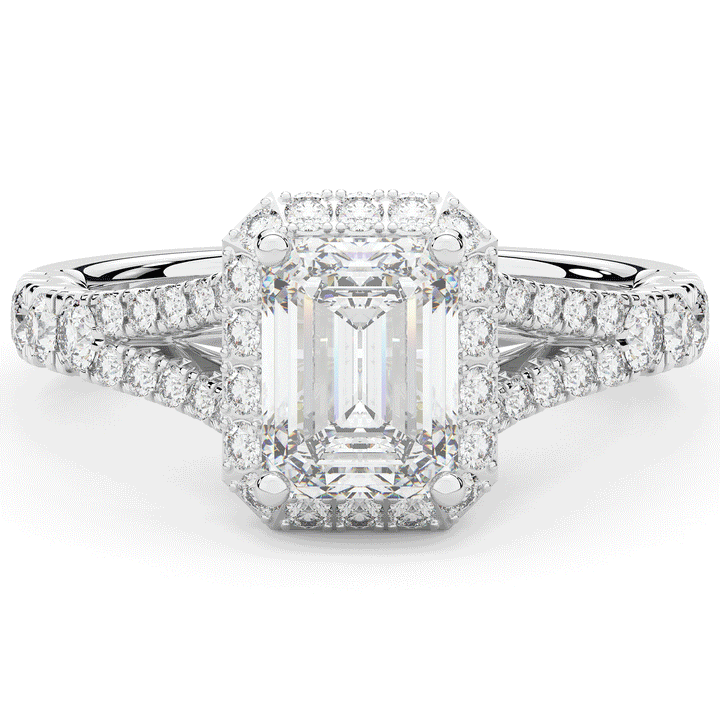 2.60CT.TW EMERALD CUT LAB DIAMOND SPLIT SHANK HALO ENGAGEMENT RING - Nazarelle