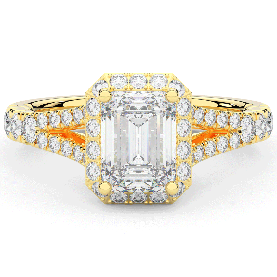 2.60CT.TW EMERALD CUT LAB DIAMOND SPLIT SHANK HALO ENGAGEMENT RING - Nazarelle