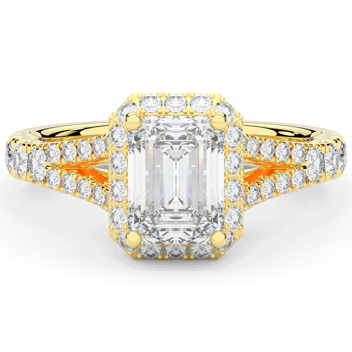 2.60CT.TW EMERALD CUT LAB DIAMOND SPLIT SHANK HALO ENGAGEMENT RING - Nazarelle