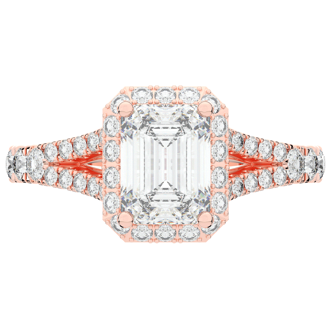 2.60CT.TW EMERALD CUT LAB DIAMOND SPLIT SHANK HALO ENGAGEMENT RING - Nazarelle
