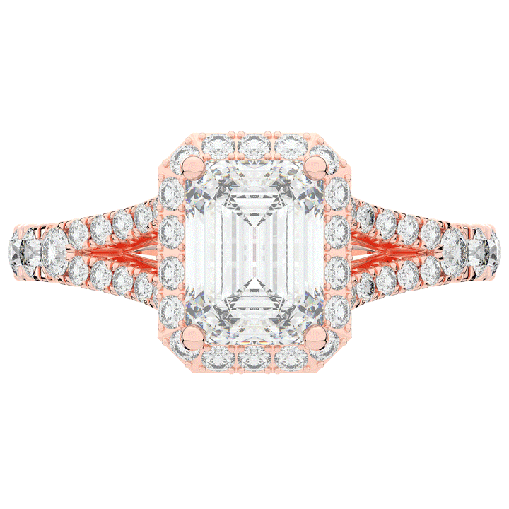 2.60CT.TW EMERALD CUT LAB DIAMOND SPLIT SHANK HALO ENGAGEMENT RING - Nazarelle
