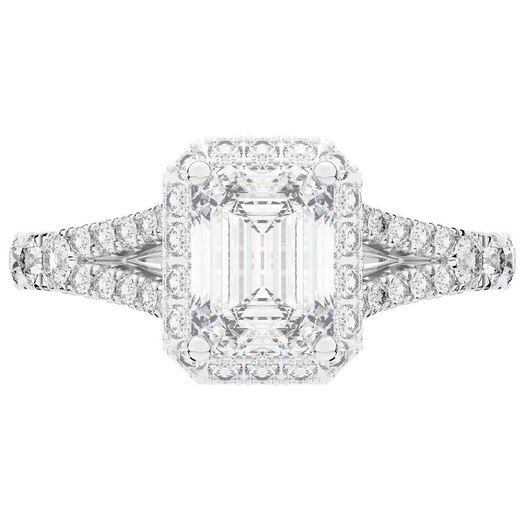 2.60CT.TW EMERALD CUT LAB DIAMOND SPLIT SHANK HALO ENGAGEMENT RING - Nazarelle