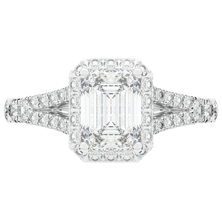 2.60CT.TW EMERALD CUT LAB DIAMOND SPLIT SHANK HALO ENGAGEMENT RING - Nazarelle