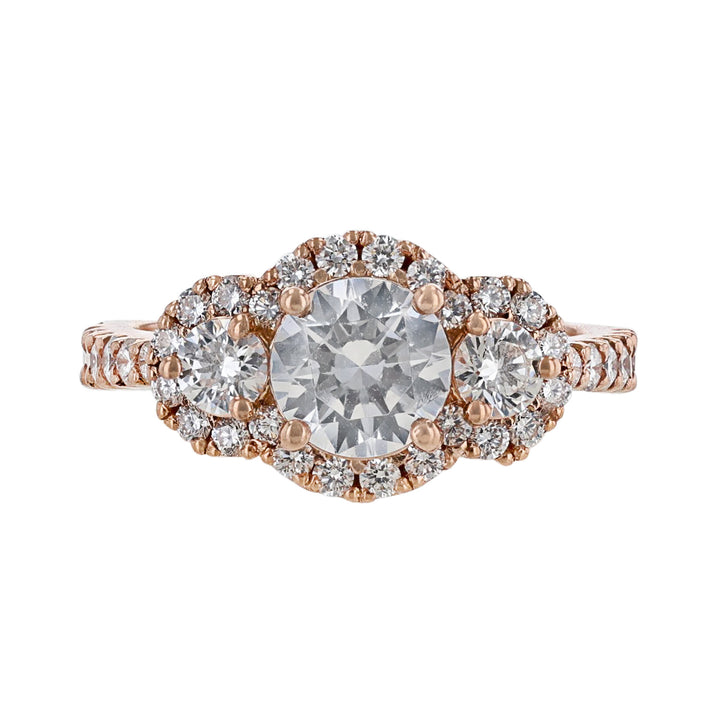 14K Rose Gold Three Stone Diamond Halo Engagement Ring