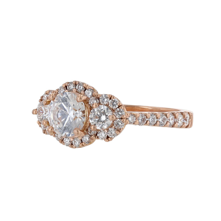 14K Rose Gold Three Stone Diamond Halo Engagement Ring