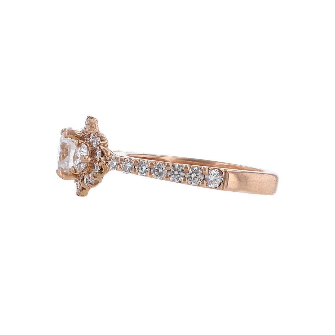 14K Rose Gold Three Stone Diamond Halo Engagement Ring