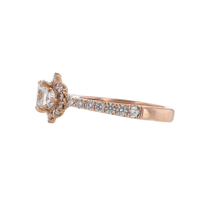 14K Rose Gold Three Stone Diamond Halo Engagement Ring