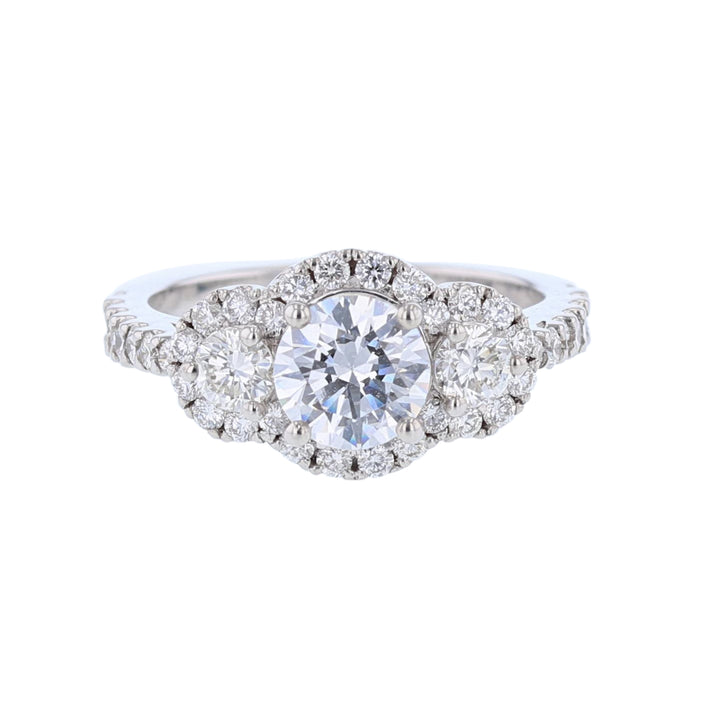 Three Stone Diamond Halo Engagement Ring