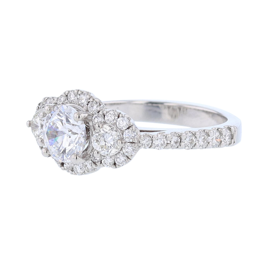 Three Stone Diamond Halo Engagement Ring