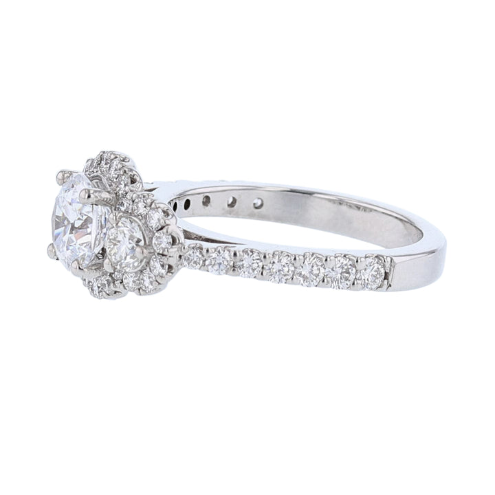 Three Stone Diamond Halo Engagement Ring
