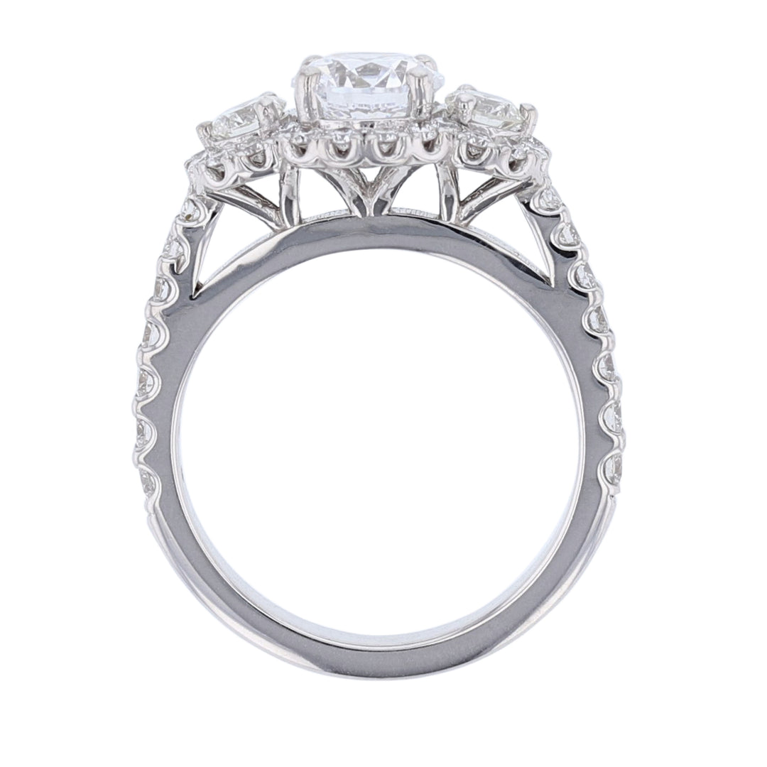 Three Stone Diamond Halo Engagement Ring