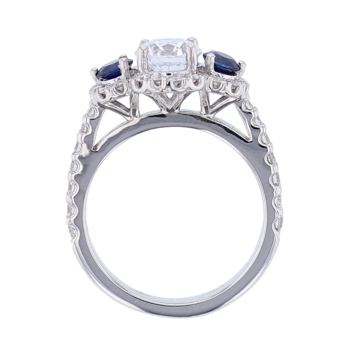 Three Stone Sapphire Diamond Halo Ring