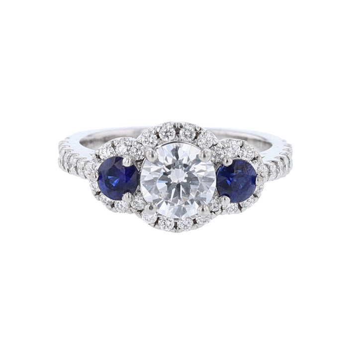 Three Stone Sapphire Diamond Halo Ring