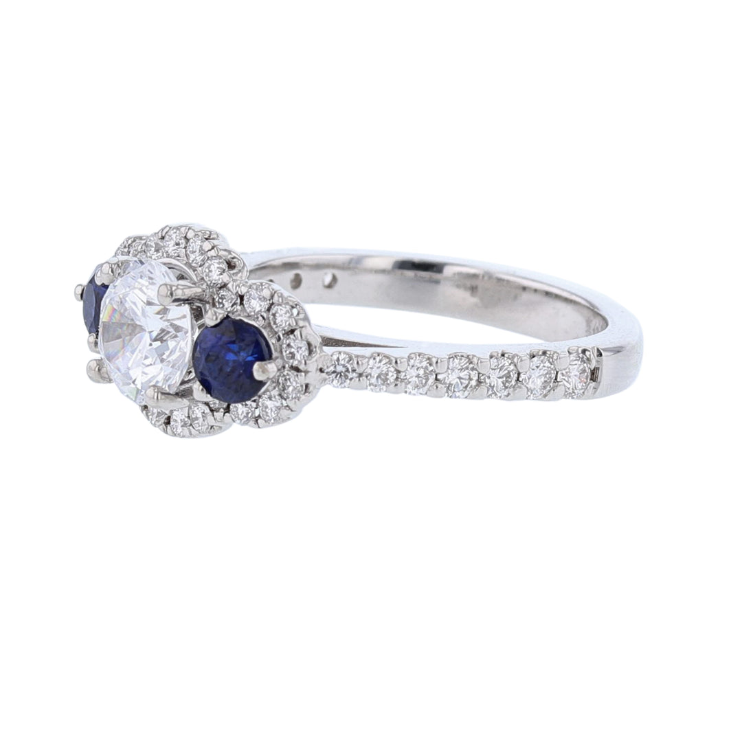Three Stone Sapphire Diamond Halo Ring