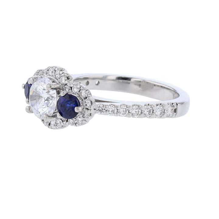 Three Stone Sapphire Diamond Halo Ring