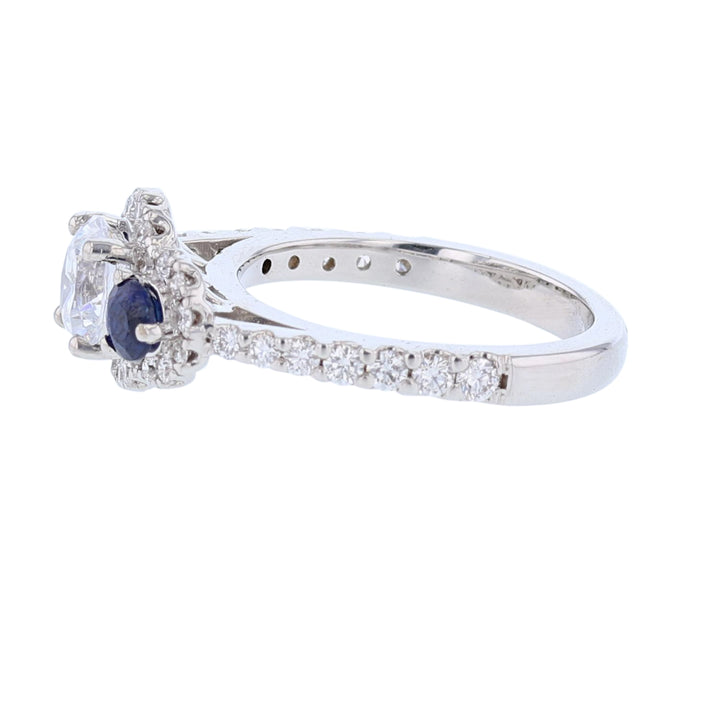 Three Stone Sapphire Diamond Halo Ring
