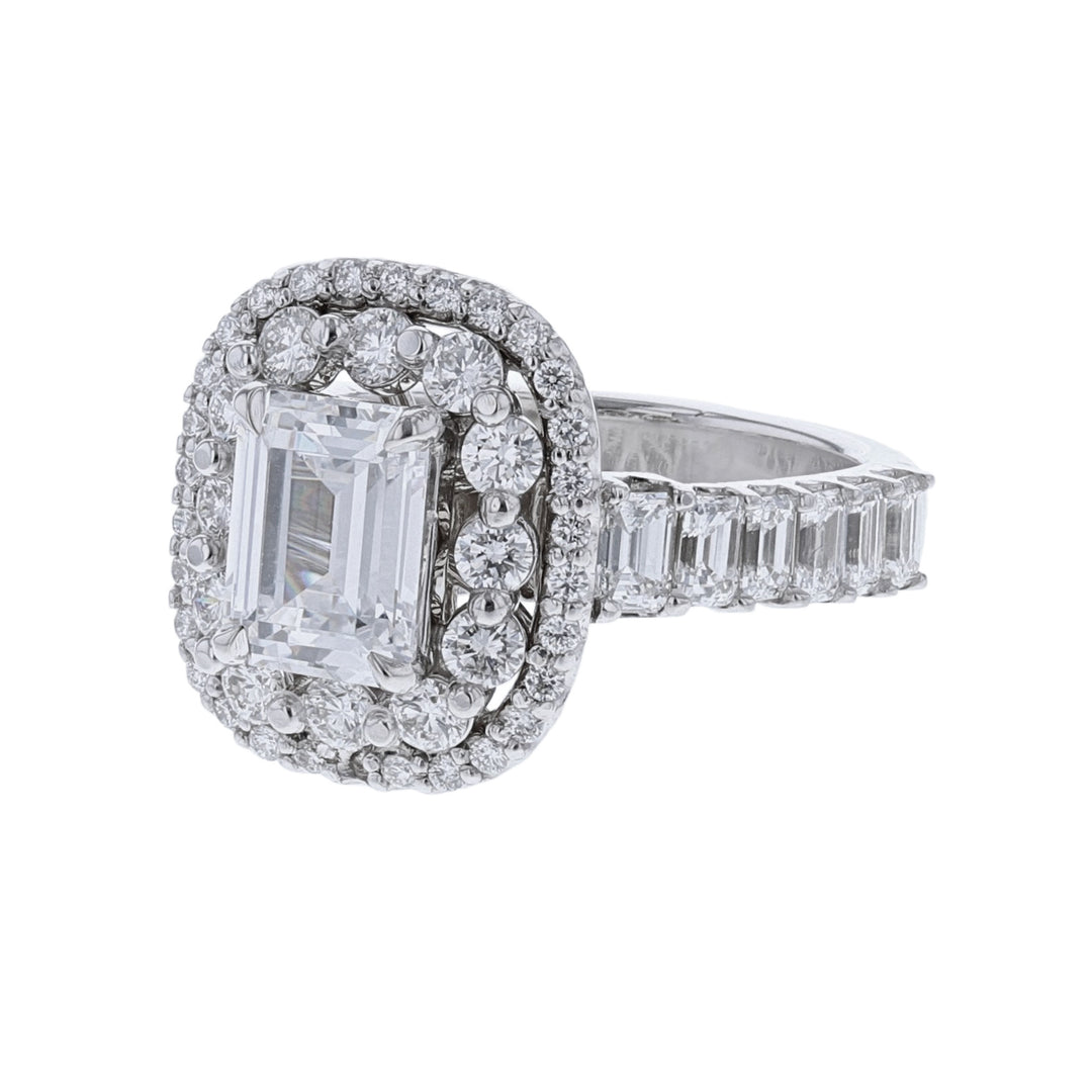 14K WG Double-Halo Emerald Cut Diamond Ring
