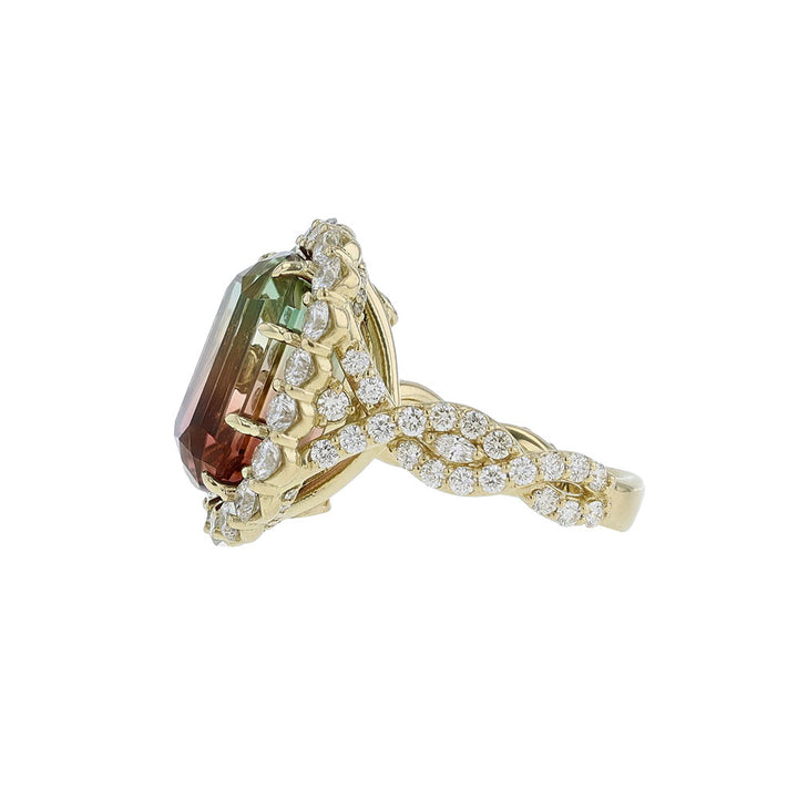 18K Yellow Gold Watermelon Tourmaline Diamond Ring