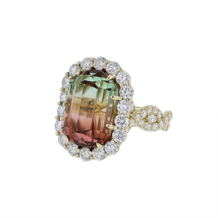 18K Yellow Gold Watermelon Tourmaline Diamond Ring