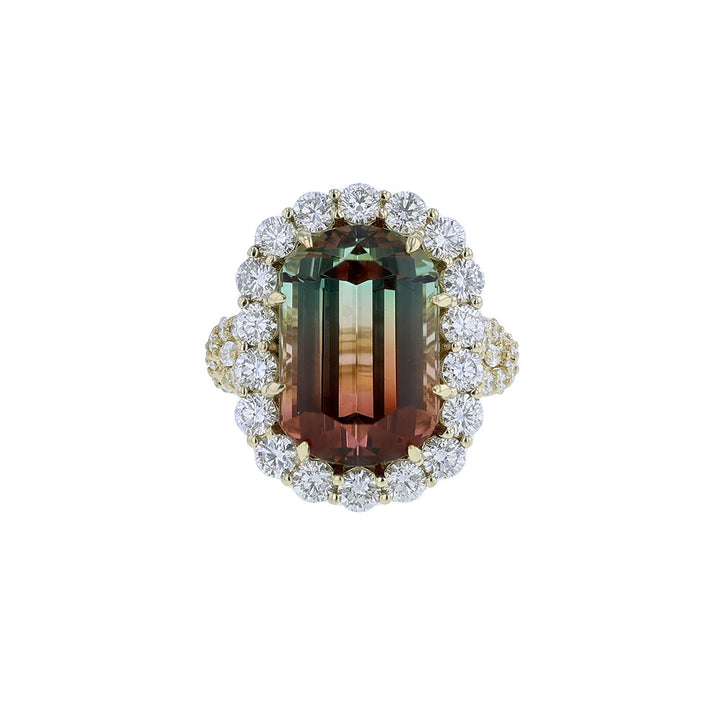 18K Yellow Gold Watermelon Tourmaline Diamond Ring