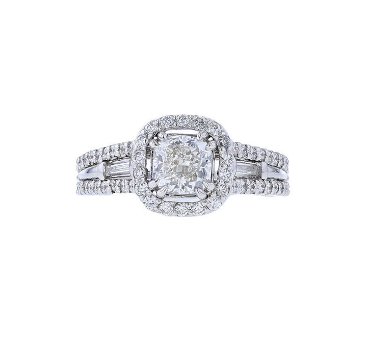 14K White Gold Certified Cushion Halo Engagement Ring