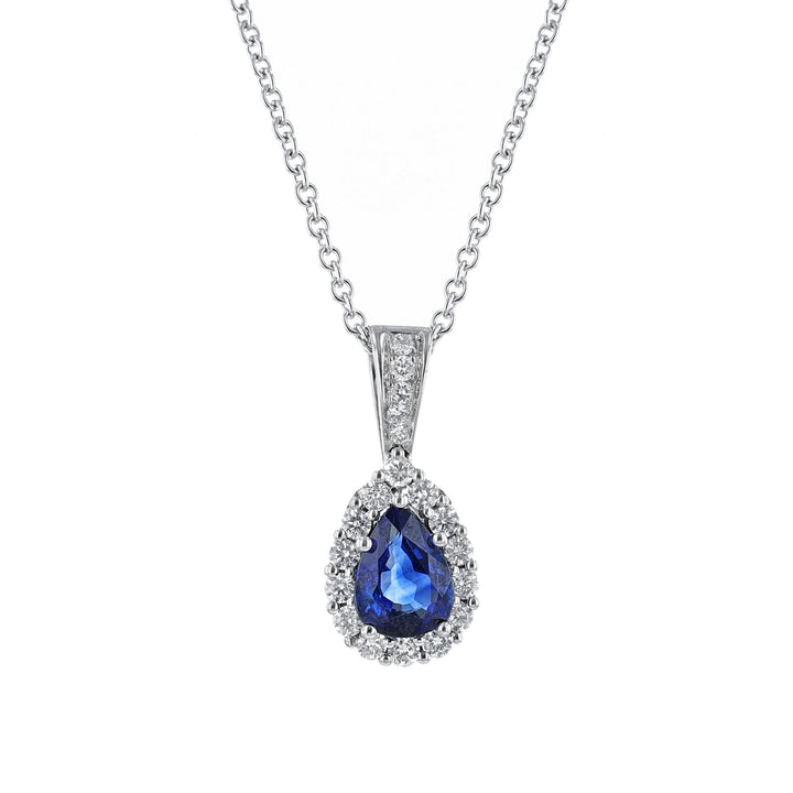 Blue Sapphire Halo Diamond Drop Necklace